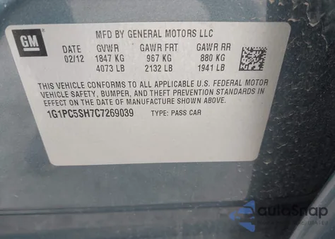 2012 Chevrolet Cruze Ls z USA, uszkodzony, nr VIN 1G1PC5SH7C7269039